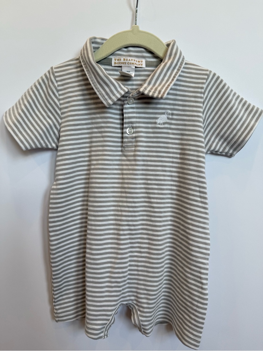 The Beaufort Bonnet Company Sir Proper’s Gray & White Striped Polo Romper